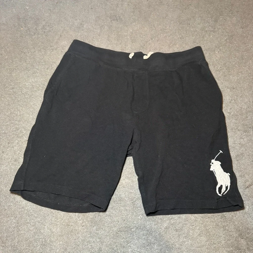 Polo Ralph Lauren Mens Black Big Pony Pique Knit Shorts Size Large Drawstring